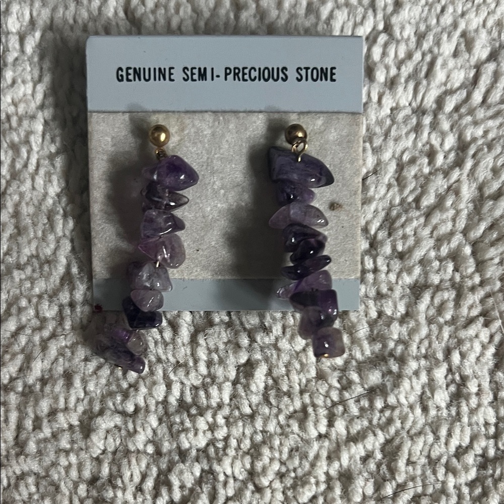Genuine Semi-Precious Amethyst Chip Drop Earrings - Purple